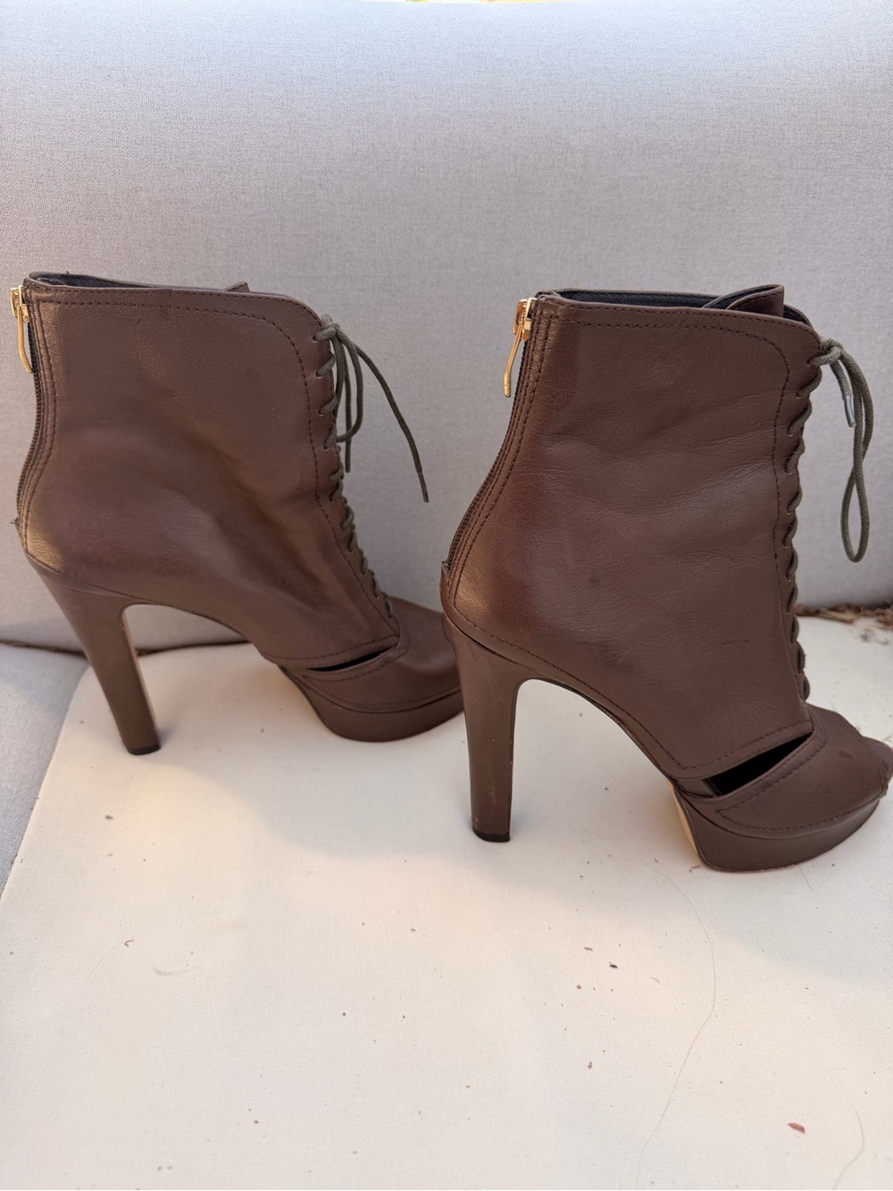 Vince Camuto Brown Lace-Up Peep-Toe High Heel Ankle Boots
